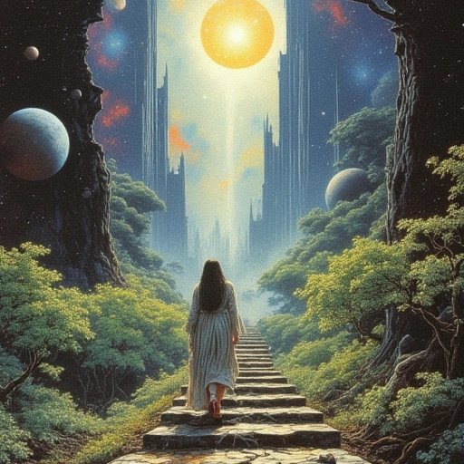 Lan descending an infinite root-staircase through fractured skyscrapers. Below her boots: nebulae swirl around planets overgrown with crystalline orchards. A figure in tattered Hùnhé robes prunes a supernova bloom.
