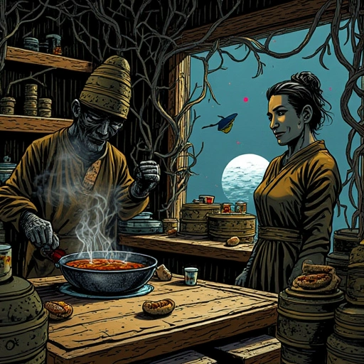 **Scene**: Ling’s storm-lit kitchen. Kai is half-caged in memory-vines (```\033[38;5;94m``` umber tendrils showing steamed buns, ```\033[38;5;226m``` soy-sauce drizzle). Obsidian soup boils in an iron wok, casting ```\033[38;5;232m``` shadows that twist into hungry mouths. Ling stands firm, her hand bleeding where coral bindings bite. Outside, Ying’s kite flickers—a distant ```\033[38;5;213m``` pink-and-cyan star. Refugees clutch bowls, their faces half-erased by Huànjìng Zhī Lèi.  
**Style**: Sinister still-life—dutch masters meets dystopian street food.