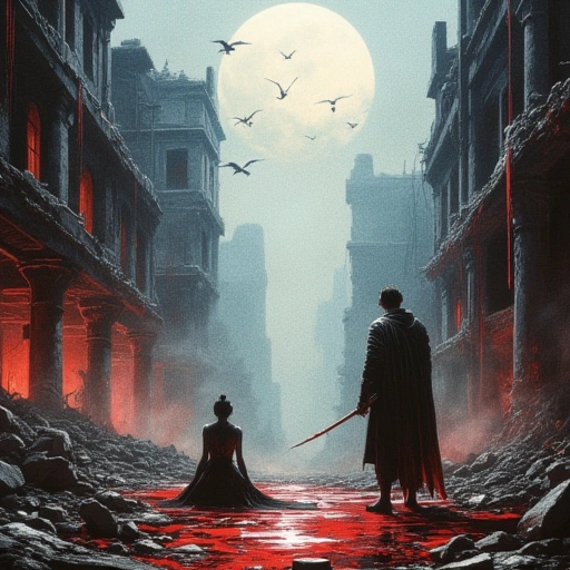 Scene: Ruined asylum courtyard. Anya kneels beside Tao, her silver Mèng Mài veins glowing weakly. Feng stands guard, Sùzhī Dāo raised. Behind them, the collapsing building bleeds Wildfire Ink in fractal patterns. Above, cranes with red-tipped feathers circle a smog-choked moon. Mood: Pyrrhic victory haunted by decay.
