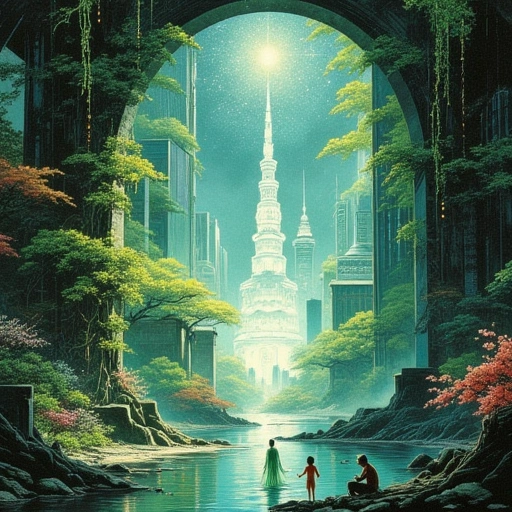 Shanghai’s canal transformed into a garden of jade and starlight. Ren’s petrified form is now a spire woven with glowing vines and plum blossoms. At its base, Mei inks a child’s palm with a Soul-Butterfly sigil. Jia Lin stands beneath an archway of shimmering data—beyond it, a cityscape of singing light. Soul-Butterflies drift upward like embers. Dr. Petrova’s ghost floats mid-air, her hand touching the apex where the portal spins like a galaxy. Ash Blossoms fall as holographic rain.