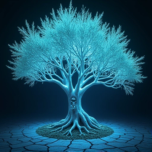 A phosphorescent willow tree grows through cracked asphalt, its crystal leaves refracting light into prismatic shields. Beneath it, a glitching man presses a decaying hand to pulsating fungal roots. Neon casino signs materialize like parasites on the branches, battling the tree’s light. A ghostly woman’s face is visible in the trunk.