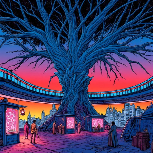Scar-City Sundown: Neon market stalls glow beneath the Jingtǐ Chestnut Tree’s canopy. Shīlián-scarred vendors sell crystalline fruit to data-ghosts and augmented humans. Li Wei’s chronometer-cage pulses at the roots, casting fractal shadows. Kaela stands on a singing geothermal bridge, weaving new branches into the city’s skyline. Chen’s Linggǎn Tú projects holographic roots that merge with physical infrastructure.