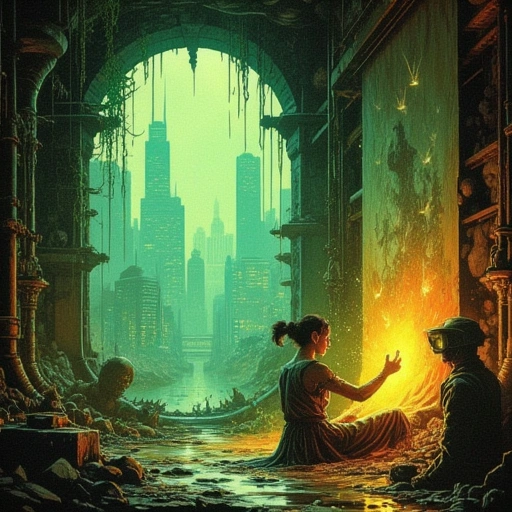 **Basement Sanctuary:** Low-angle shot. Water drips from corroded pipes. Wùjìng's bioluminescent vines retreat like wounded serpents, leaving trails of dying light. Shanghai's drowned skyline glows toxic green through a window cracked like a spiderweb.  
**Xiao Fen:** Crouched before the loom, qipaja sleeve torn at the shoulder. One tear-track glistens on her cheek. Her hands—bathed in violent gold light—fuse quantum-threads into a tapestry depicting a boy dissolving into cranes.  
**Old Wei:** Backlit by fading cobalt vines, magnifier goggles shoved atop his head. He's thrusting a Yīnyuánshǐ shard toward Fen, its core flickering with stolen memories.  
**Critical Details:**  
- Fen's tear hitting a crystal embedded in the loom's base, triggering a shockwave of light.  
- Tapestry threads: some gleaming like spun platinum, others weeping Xīnmò dye.  
- Shadows: Chen's Liànghún echoes visible as translucent figures reaching through the tapestry.  
- Palette: Sanctuary bathed in gold vs. the city's sickly green. Deepening shadows.