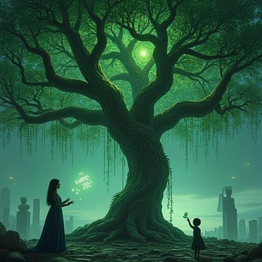 A colossal bioluminescent willow tree with roots deep in city ruins. A woman sings at its base, a vine growing from her palm to write glowing words in the air. A child offers a tear-shaped crystal to the tree. Objects rain from branches: inkwell, jade disc, seed, origami crane. Statues thaw into light throughout the city.