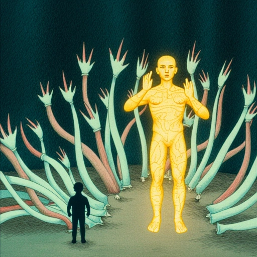 Jìyì-pán vines bursting from Chen Liang’s pod, wrapping him in bioluminescent coils that force-feed him his victims’ memories. Lan stands silhouetted against Wei’s golden ghost-form, now coalescing from shattered Wǎngluò-yú scales.