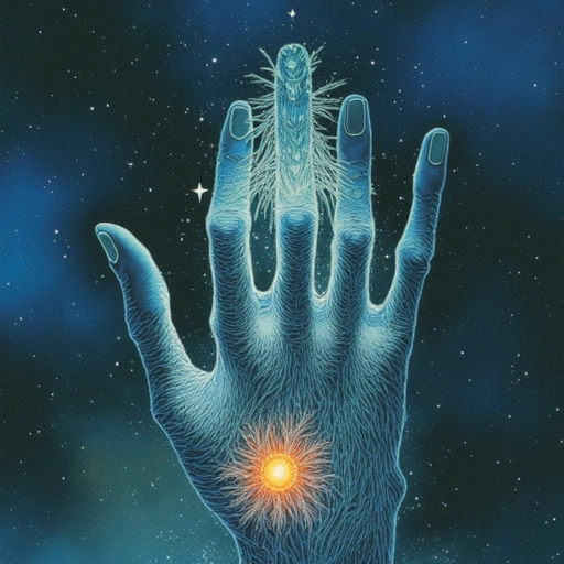 Yun’s severed hand dissolving into luminous roots within the Prism-God’s core. Her remaining stump glows with geometric scars. The entity’s form softens—cocooned humans stop screaming. Outside, Nanjing’s smog momentarily parts to reveal real stars.