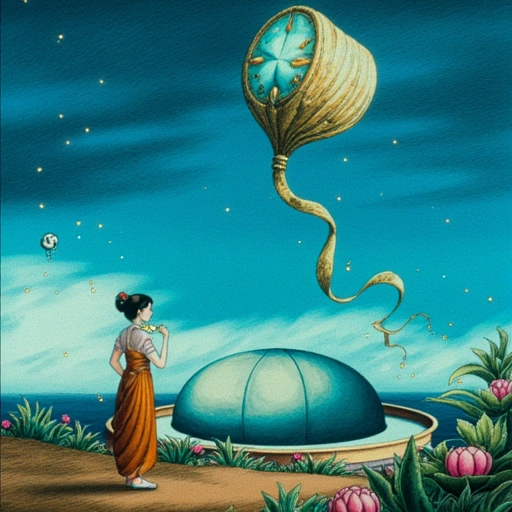 **Scene**: Ying standing on Kai’s sky-farm, her storm-kite now a tapestry of ```\033[38;5;220m``` gold, ```\033[38;5;153m``` mist, and ```\033[38;5;213m``` sequined light. Below, Shanghai’s reactor glows, cradling the sleeping storm-orb like a pearl. Kai harvests radishes that now glow with uploaded memories (```\033[38;5;167m``` crimson cores). Dr. Vang’s ghost disperses into fireflies made of ```\033[38;5;156m``` jade chive sparks. Chen watches from a floating Shénghuó Zhǒngzi pod, his Geiger counter silent.  
**Style**: Studio Ghibli’s sky-gardens meets cyberpunk mandala—radishes as lotus pods, reactor as stupa.