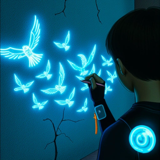 Bio-luminescent graffiti on cracked wall: Glowing cranes flying through neon circuitry; a child’s hand (gloved in scavenged tech) painting with light.