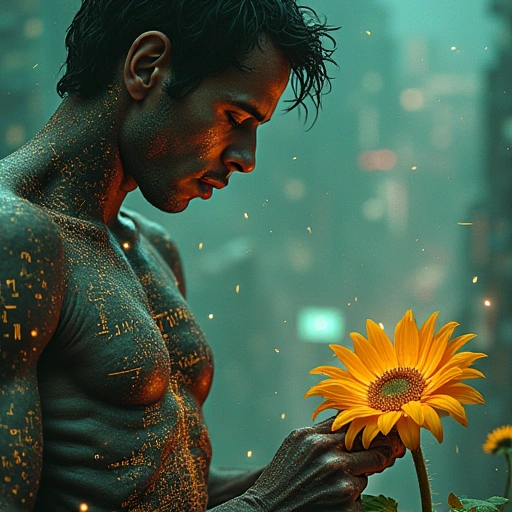 A glitching man etches glowing equations onto his skeletal ribs with a jade stylus. Behind him, a woman sings into a maelstrom of light, her song visible as rippling soundwaves solidifying into a bridge over the void. A single sunflower grows from cracked concrete, its petals reflecting cityscapes from countless timelines.