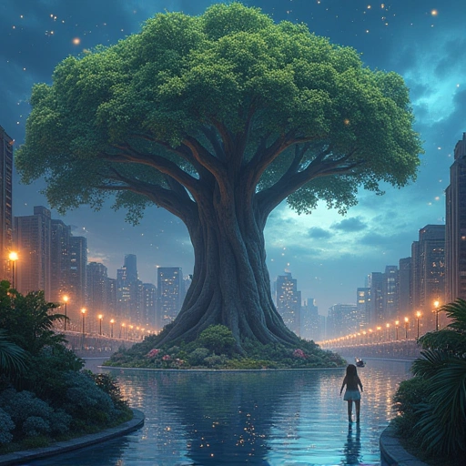A city where a colossal sideways tree devours a quantum supercomputer, thrones transforming tech into bioluminescent flora. Stone-tree man pulses with soundwaves that turn rust into fireflies. A pre-teen girl sings as her breath turns to crystalline mist. Floating crystals manifest physical visions: gilled boats in fountains, silicon fruit nests, crystal streetlamps. A child’s eyes mirror endless banquets.