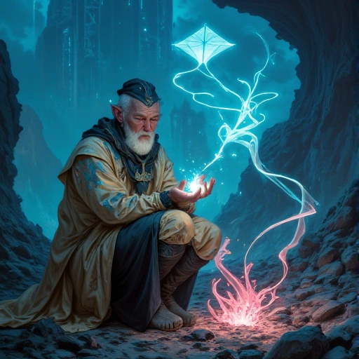**Scene**: Old Chen kneels in a cracked Beijing plaza at twilight. He wears a patched, hemp robe fused with bioluminescent fungi. Around him, Liànghuá Blossoms pulse like neon hearts, warping the air into kaleidoscopic fractals. In his hands, a Shénghuó Zhǒngzi seed glows softly as he implants it into the rubble. Above, Ying floats mid-air, her silk kite shimmering with ANSI-bright data streams (```\033[38;5;213m``` pink and ```\033[38;5;51m``` cyan) that deflect Tiěxīn storm tendrils. The background is a surreal blend of ruined skyscrapers and phantom Qing dynasty arches. Chen's face is etched with Kū Qì sorrow, but his eyes reflect the seed's light.