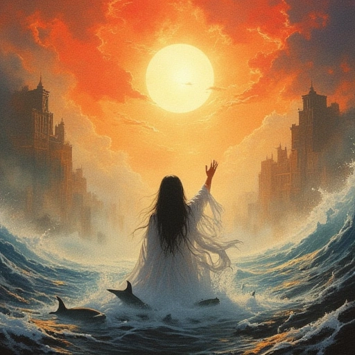 Yun screaming at the sunrise with one arm, Prism-Water thrashing around her as it transforms Void-Sharks into light-dolphins. Above, the smog permanently rearranges into floating libraries of dissident testimonies.