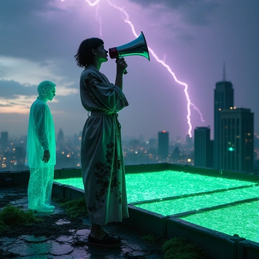 A woman in a patched silk robe stands on a decaying skyscraper rooftop, singing into a chrome megaphone. Bioluminescent algae tanks glow turquoise around her. Behind her, the city flickers—half cyberpunk metropolis, half overgrown ruins. A spectral figure in an old-fashioned lab coat floats nearby, translucent and shedding binary rain. Violet storm clouds swirl above, pierced by shafts of jade light.