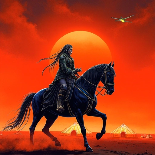 Lan riding a cybernetically augmented Mongolian horse across irradiated steppes. Her Fènghuáng-suì braids glow against a sandstorm tinged crimson by corporate pollution. Distant gers pulse with bioluminescent light, while poacher drones skim the horizon like steel vultures.