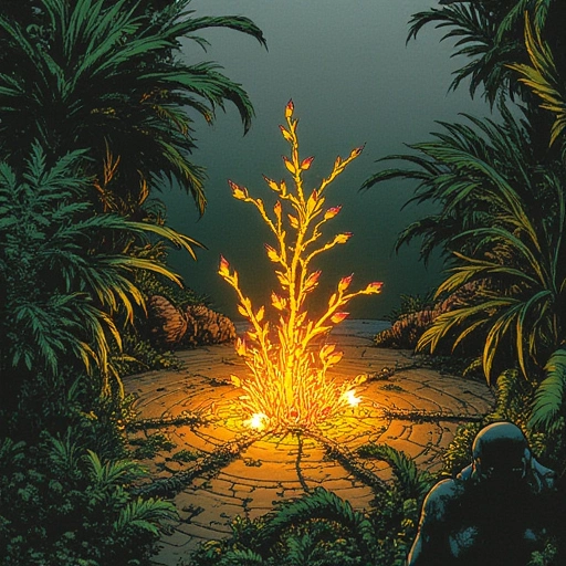 Scene: Reborn Gardens at dawn. Light-Seed sapling glowing softly, Jìng Shēng flowers ringing its base. Anya holds the Liànghé fragment; its red light contrasts with the gold in her veins. Tao sleeps, Lèi Gēn vines curling over his resting form. Elara lies pale, her skin-maps flickering. Feng studies the inked crane feather. Mood: Fragile hope undercut by urgency.