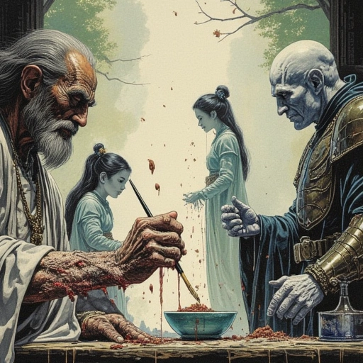 Close-up of Old Li’s remaining hand gripping a brush dripping Xuèmò. His crumbling arm glows with sutra-like veins. Behind him, Mei catches falling Língtǔ dust in a jade bowl while spectral children tend Chànghuā. Ru stands half-transformed—porcelain armor merging with his flesh—as he offers Li a Rěnlèi crystal. Style: Hyper-detailed ink-punk; focus on texture of decay and rebirth.