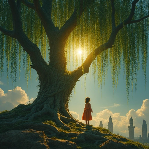 A 12-year-old girl in a silk robe stands in a willow tree’s heart, catching a dewdrop on her tongue. A silk bud unfurls behind her, releasing glowing seeds, petals, roots, and light. Outside, luminous roots crack through global cityscapes—Paris, Nairobi, Mumbai—twisting around ruins to form living cathedrals.