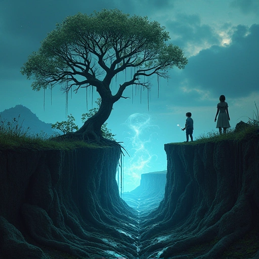 A geothermal vent cracked open, revealing bioluminescent roots deep within the earth. A sapling with bark like tattooed skin bursts sideways from the fissure, thorns piercing defunct machinery that blooms into fungi. Above ground, refugees cover their ears as ghostly whispers manifest as ink-clouds. A woman holds a glowing seed, a child listens to the earth, a girl sings into the crack.