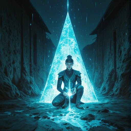 Crystalline Fracture: A jagged spire of iridescent crystal pierces rain-slicked asphalt, refracting light into data-ghosts—translucent figures in Tang robes flickering beside neon-suited avatars. Chen (tech-wear torn, neural lace glowing feverishly) kneels, pressing palms to the ground. Ripples of Jìngxiū resonance (golden waves) clash with the Jīngtǐ’s chaotic prismatic storm. The alley walls are half-solid, half-digital static.