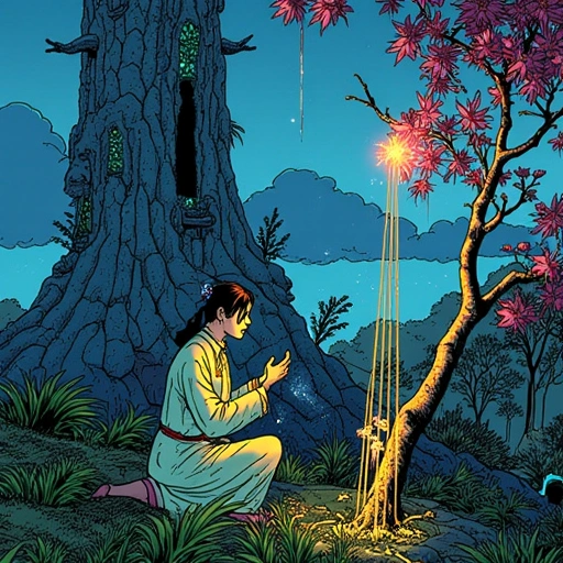 Li Na’s garden at twilight. Mei kneels before a Shénhuà Mòshuǐ blossom—its petals iridescent, dripping liquid starlight into Jia Lin’s vial. Ren’s petrified spire looms in the background, cosmic stitches (Yǔzhòu Féngxiàn) weaving through its jade lattice. Dr. Petrova’s translucent hand guides Mei’s needle. Mirror-Thorns nearby reflect: a child’s hand drawing with Myth-Ink, stars weeping ink-tears, a mold-blackened orchard.