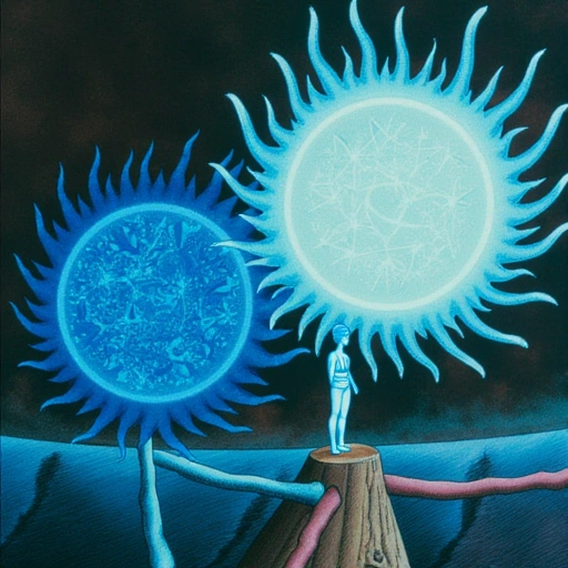 : The Míng Huǒ Lóng storm over New Chongqing-7. Twin vortices—one blood-red and chaotic (traditional Yínghuǒ Lóng), the other indigo with fractal stability (Míng Huǒ Lóng). Below, the Guǐ Jìng rift glows with trapped time fragments. Meilin stands atop a crumbling Qiàn filament, her frostbitten chest cavity emitting Chen Yiran's spectral data-strands. Kai's crystalized arm reflects both storms. Atmosphere of razor-edged hope.