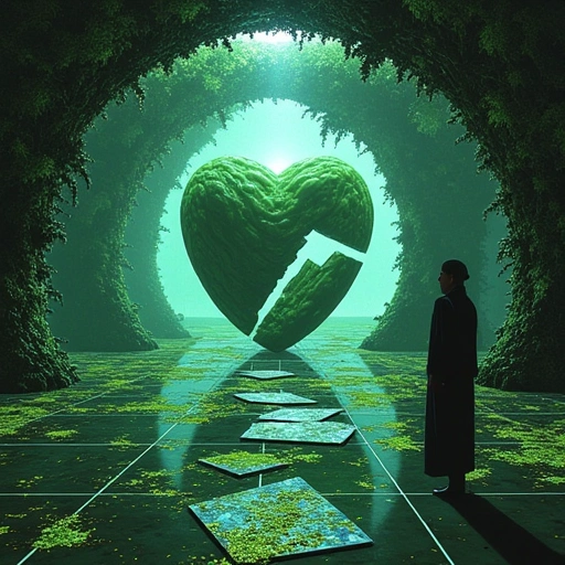 Thorne's lab overgrown with pulsating Jìyì-pán vines. The Shuǐjīng-xīn floats at its center—a fractured geode heart radiating sorrow. Ming’s shadow stretches toward it, warped by Léimíng refractions. At her feet: scattered Kūqì-sù data-slates covered in bioluminescent moss.