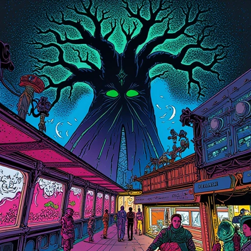Scar-City Dawn: The Jingtǐ Chestnut Tree towers over a neon-lit night market built into repurposed server farms. Vendors with bioluminescent scars sell crystalline fruit. Li Wei’s chronometer-cage pulses at the roots. Chen studies a holographic map growing vines. Kaela stands on a geothermal vent, singing steel-blue harmony into steam that crystallizes into new bridges.