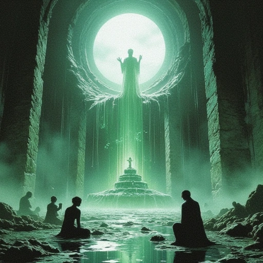 A shattered Faith Weaver temple at midnight. Ren stands atop a crumbling data-altar, jade hands radiating 18.5 Hz waves that fracture augmented reality lenses. Below, citizens kneel in pools of their own liquefied memories—silver puddles showing faces of lost loved ones. Mei’s qipao is torn, Petrova’s equations glowing like circuitry. Outside, Ash Time static forms arches resembling rib cages. Jade dust falls like pollen.