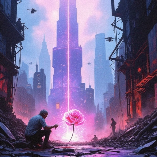 A biomechanical tower in Shanghai crumbling like rotten timber. Hùnliú currents streak across the sky like shattered violet glass, piercing through Jīngāng structures. At ground zero, Old Li kneels painting a luminescent sigil that pulses like a heartbeat. His brush trails crystalline ink mixed with soil and blood. To his left, Mei stands with drones resembling cybernetic dragonflies spraying Língtǔ particles. To his right, a spectral rose blooms from cracked pavement—each petal a hologram of a laughing woman. Above, General Ru's troops rappel on cables that glitch into silk threads. Style: Digital ink-wash with neon blues, deep rust, and quantum violet. Composition: Asymmetric chaos, perspective warped like a broken mirror.