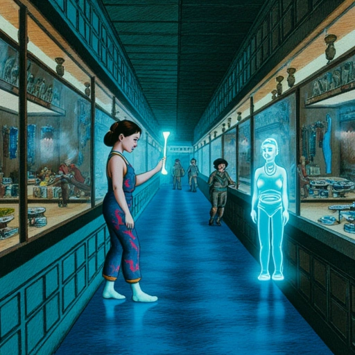Underground flooded market. Hua (ink-stained overalls, glowing jade pendant) holds a jade scroll emitting cobalt light. Before her, a translucent Song Dynasty scholar (Madam Ruòyǐng) touches the scroll—her hand solidifying into ink and flesh. Stalls flicker: one side sells glitch-ing vials, the other Ming Dynasty porcelain.