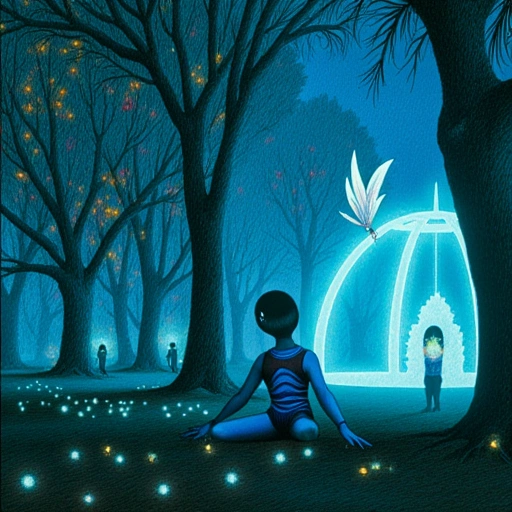 Scene: Grave-forest at twilight. Bioluminescent trees with fruit like glowing amber. Sister Anya kneels, planting ash-seeds; her Mèng Mài veins pulse cobalt. Old Feng stands beside her, releasing iridescent crane feathers that form a protective dome. Above, acidic rain falls as liquid memories—translucent scenes of drowned cities. Distant Liànghé cores pulse red in the smog. Mood: Mournful resilience.