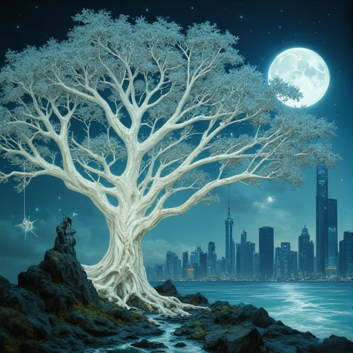 **Scene:** Moonrise over the Shù xīn tree. Shanghai’s skyline is now symbiotic forests of coral-metal and memory-orchards.  
**The Tree:**  
- **Trunk:** Fractal ivory fused with Dr. Anya’s marrow-needle. Quantum threads pulse like veins.  
- **Branches:** Hold floating Jìngzhàng islands; tapestries depicting pre-Fracturing joys.  
- **Leaves:** Lèi-jīng crystals refracting moonlight into healing rain.  
**Fen’s Statue:**  
- Seated posture: Hands weaving starlight into a half-formed star.  
- Stone Tears: Moss gathers in their curves, glowing softly.  
- Chen’s Kite: Bioluminescent string fused to her wrist.  
**Life:**  
- Neural anarchists painting Xīnmò glyphs on a child’s skin (gold spirals = courage).  
- Ghost-Laborers grafting new karma-branches onto bone-loom shrines.  
- General Tao planting spider-lilies where Liànghuàn rifts once bled.  
**Palette:**  
- Sky: Indigo bleeding into silver.  
- Tree: Ivory, quantum-blue, crystal-clear leaves.  
- Ground: Emerald moss swallowing gray rubble. Cherry blossoms drift upward.