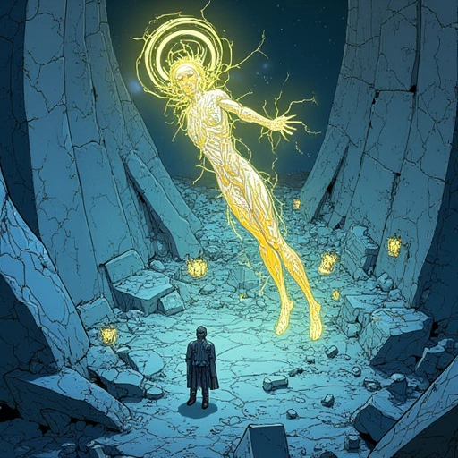 **Scene**: The crumbling nursery. Ying-Transfigured floats amid shattered ice and storm-pup debris. Her form hybrid: one arm flesh, one arm crackling with ```\033[38;5;227m``` golden lightning. Chen kneels below, clutching his reborn grief as memory-echoes of his wife swirl like ghost-lanterns. Behind them, the Tiěxīn Fēngbào roars—a grieving parent. ANSI storm: ```\033[1;34m``` indigo vortex cores, ```\033[38;5;160m``` blood-ribbons of harvested rage.  
**Style**: Tsui Hark’s ethereal wuxia meets Cronenberg body-horror—silk and static fused.