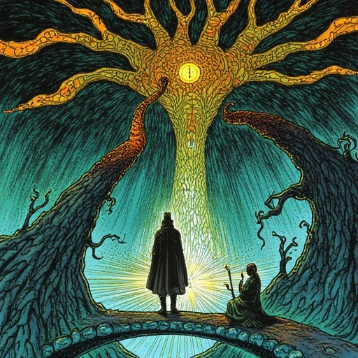Dawn in the Garden of Knife-Edges. Anya stands beneath the Yuán Hé, Bào Zhǒng sigil fused with bark. Li Wei balances on a razor-bridge, casting a Rupture Seed into a storm of light. Tao and Elara sing at the tree’s roots, their melody visible as golden threads. Pilgrims cross crystal paths, Xuǎn Zé Gǔ compasses glowing. Mood: Chaos and calm as intertwined as roots and rain.