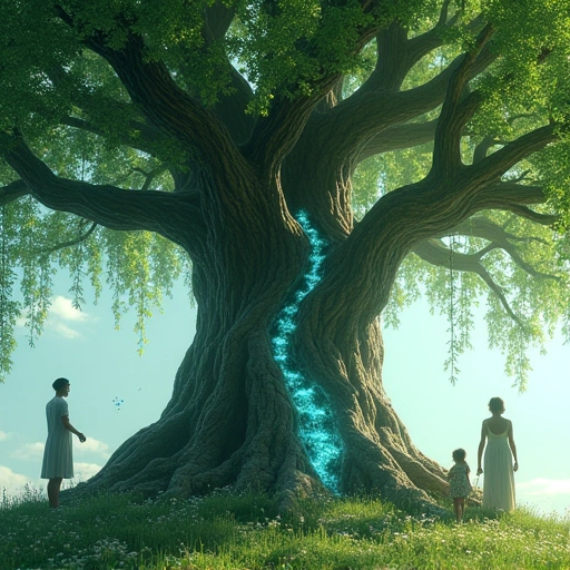 A colossal willow tree with bark like cracked jade. A teenage girl sings into a crystalline branch, her voice forming floating staircases. A woman with star-bleeding tattoos climbs as flowers seal cracks beneath her feet. An old man places a glowing disc into the trunk. Rain ignites into blue fire where it touches a man’s vine-entwined arm. A child scatters luminescent seeds from above.