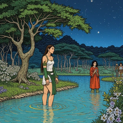 Twilight in Huānyǎng Zhī Dì. Anya stands knee-deep in Liàn Jìng Chí, her Mò Gēn roots visible beneath the water like veins of gold. Kai tends to blooming Chain-Mirrors nearby, jasmine vines curling around his wrists. Yin sings to a circle of pilgrims holding Jìng Shēng Huā blossoms. Above, the crystal crane shatters into starlight over the Light-Seed Tree. Mood: Suffering transformed into sacrament.