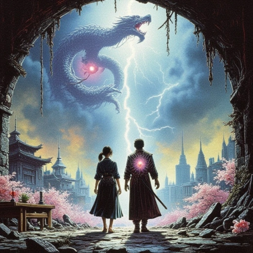 **Scene**: The Last Teahouse disintegrating. Ling and Kai stand back-to-back on a crumbling floor. Ling’s hand glows as she clutches the Life-Seed pod; vines of memory curl up her arm like circuitry. Kai’s chest is split open—a quantum orchid blooming where his heart should be, petals scattering as prismatic dust. Outside the shattered walls, a Tiěxīn storm rages: a dragon of lightning and sorrow. Below, the city flickers between ruins and mirage. ANSI accents: Seed’s glow (```\033[38;5;118m```), Orchid shards (```\033[38;5;207m```), Storm-eyes (```\033[1;31m```).  
**Style**: Cyberpunk ukiyo-e—wires as cherry blossoms, data as ink wash.