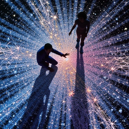 Fractured Harmony: Steam crystallizes into razor-sharp geometric snow around Kaela. Her bioluminescent veins flicker between gold (Chen's rescued calm) and violent violet (Li Wei's sacrificed guilt). The Loom’s surviving strands form a dissonant double-helix—part prison, part bridge. Chen kneels with a hand pressed to liquefying asphalt, his shadow cast in *three conflicting directions* by the prismatic hail.