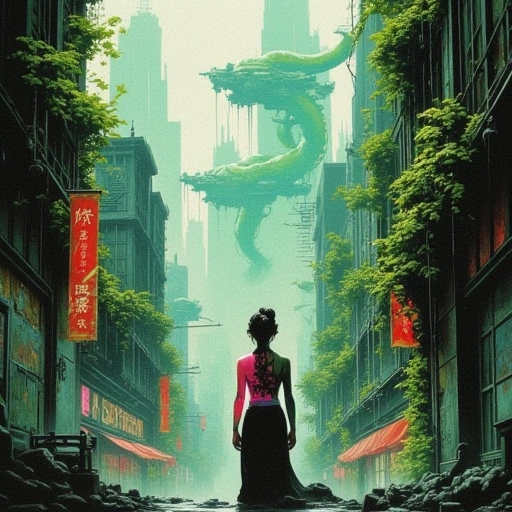 Scene: Mei stands defiant in Chongqing alley. Bioluminescent tattoo (Xuè Mò) pulses crimson/amethyst on her forearm. Ghostfire wisps recoil from its light. Behind her, Shānchuān Nǎo’s inverted river forms a colossal jade serpent coiling around vine-choked skyscrapers. Ministry drones sprout crystalline orchids from shattered hulls. Rain streaks upward. Style: Hyper-detailed cyber-gothic ink wash. Palette: Poison greens, arterial reds, abyssal blues, fungal bioluminescence.