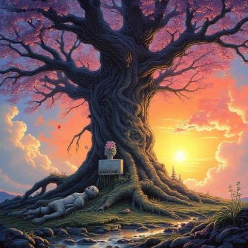**Scene:** First sunrise after the tree’s final bloom.  
**Tree:**  
- **Trunk:** Dr. Anya’s marrow-needle now fully absorbed, leaving a spiral scar.  
- **Branches:** Bare except for one remaining Fúguāng Huā, glowing like a captured sun.  
- **Roots:** Dissolving into iridescent mist, carrying ghost-laborers into the soil.  
**Fen’s Statue:**  
- Head tilted upward, stone lips parted in a silent exhale.  
- Chen’s kite string snaps, soaring into gold-tinted clouds.  
- Last tear: A Lèi-jīng crystal falling into rubble, sprouting a spider-lily.  
**Life:**  
- Old Wei sleeping against the trunk, bone-shuttles scattered at his feet.  
- Li-Rong’s brush drying in moss, its Xīnmò paint blooming into violets.  
- General Tao’s spider-lily bridge carried upward by Fēng Shēng winds.  
**Palette:**  
- Sky: Liquid gold devouring indigo.  
- Ground: Roots becoming light. Moss swallowing stone.