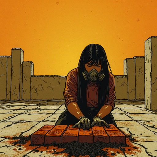 A Smog-Scribe at work: Yun, wearing a respirator smudged with grime, kneels in a courtyard of crumbling concrete. Her hands mold swirling black particles into a brick that glows faintly amber. Behind her, half-built walls shimmer with bioluminescent patterns. Above, the sky is ochre, pierced by holographic flickers of a collapsing Shadow-City.