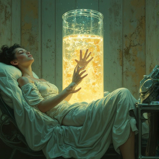 Submerged server farm cathedral. Poem-Batteries glow amber in cracked glass tanks, powering medical equipment. A Jìng Yǐng child's translucent hand phases through a lung machine, touching the real hand of a comatose girl. Ripples of Song Dynasty landscape scrolls bloom across sterile walls.