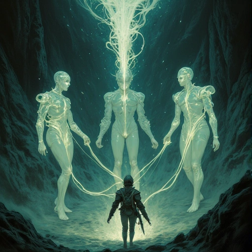 Scene: Submerged Yangtze server-cathedral during Ghost Uprising
Context: Cathedral pillars show pre-Fracturing family holograms frozen in data-ice. Ghost laborers manifest as translucent figures trailing glowing memory-threads.
Characters:
- Ghost Laborers: Translucent humanoids with exposed circuitry veins. Eyes flicker with Yīnyuánshǐ fragments. 
- Xiao Fen: Wearing improvised pressure suit, bare hands glowing gold against digital gloom. 
- General Tao: Armed with reality-anchor rifle, half-submerged in neural silt.
Details:
## THE CONFLICT ##
- Ghosts performing [1;31mKūjié wǔ[0m (Withered Node Dance) – their movements unravel Huaying drone swarms into memory-ash
- Central altar: Dr. Chen's prototype loom fused with submarine wreckage
- Fen's tears crystallizing into new Yīnyuánshǐ stones mid-air
Atmosphere: Subaquatic cathedral light meets violent data-storm