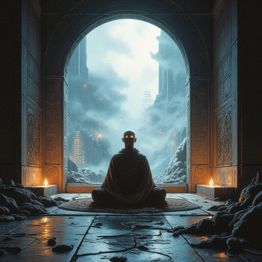 : Inside a dim, high-tech monastery chamber. A monk sits in lotus position, bio-feedback wires connecting to a small, ancient terracotta horse fragment. Intricate, glowing Fèngǔ Huà circuits pulse softly on their eyelids. Outside the window, a chaotic Yínghuǒ Lóng storm rages over a cityscape, but a small sphere of calm, clear air surrounds the monastery. Stark contrast between inner stillness and outer chaos.