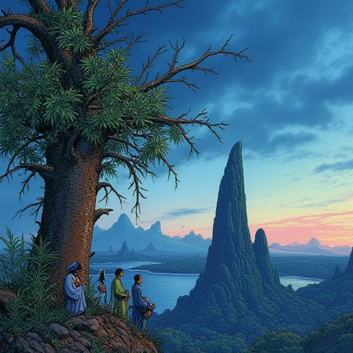 Dawn after the storm. The Yuán Hé tree stands serene, Anya’s face visible in its bark. Yin sings to pilgrims harvesting Shame-Jasmine flowers. Mara tends Quiet-Thunder Vines coiled around a Liànghé spire. Li Wei balances on a razor-bridge, watching the Yuán Xīng constellation ignite the horizon. Mood: Chaos resolved into boundless, breathing legacy.