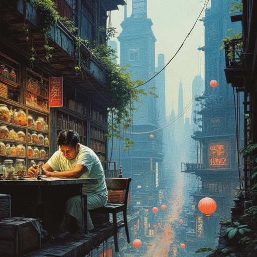 A floating Shanghai ink-studio at dusk, tethered to crumbling skyscrapers by glowing vines. Inside, Mei (20s, tired eyes, bioluminescent qipao) tattoos a laborer's arm with pulsing cephalopod-ink sigils. Shelves hold jars of preserved memories—flickering childhood scenes. Outside the window, Ash Time drifts like gray snow; a neon dragon advert dissolves mid-flight. Granny Wen sleeps in a corner, her bed surrounded by holographic paper lanterns. Mei's left eye glows faintly with fractal patterns.
