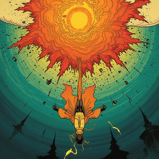 Jia Lin floating over Y-Ψ4’s ink-hardened ocean, chest shards blazing. Above her, X-Ξ9 detonates—a supernova of liquid grief and Myth-Ink corruption, tearing the nerve-rail like frayed wire. Mei’s poetry needle glows white-hot, stitching desperate anchors into the explosion. Ren’s spire trembles on Earth’s horizon, jade lattice fracturing.