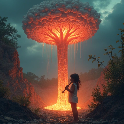 A pre-teen girl plays a bone-flute at a volcanic vent. Seven colossal roots erupt earthward, each transforming a continent: deserts into singing ice, jungles into circuit-rain, tundras into steam-pagodas. Refugees plant glowing coals like seeds. A child’s face smiles in the mycelial networks below.