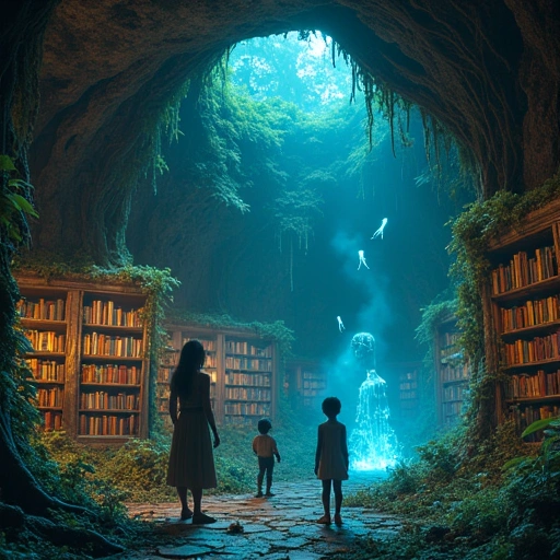 A fungal cavern lit by geothermal vents. A corrupted biomass blooms into a living library with books of cloth and inkwells of blue fire. A woman tattoos equations onto fungus, a child plants a crystal, a girl sings backward notes. Ghostly hands arrange books on petrified-wood shelves.