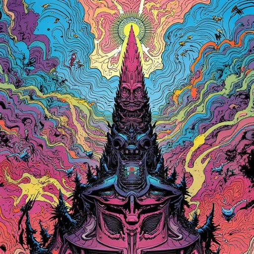 Xiao Xing standing atop a crumbling Jīngāng spire, their semi-corporeal body shimmering with prismatic fog. Below, Wùmíngmò creatures—ink hydras with CCTV eyes—swarm through streets. Mei’s drones fire Língtǔ darts while Ru’s porcelain soldiers duel fractal wolves. Style: Chaotic blend of ink splatter and neon glitch art.